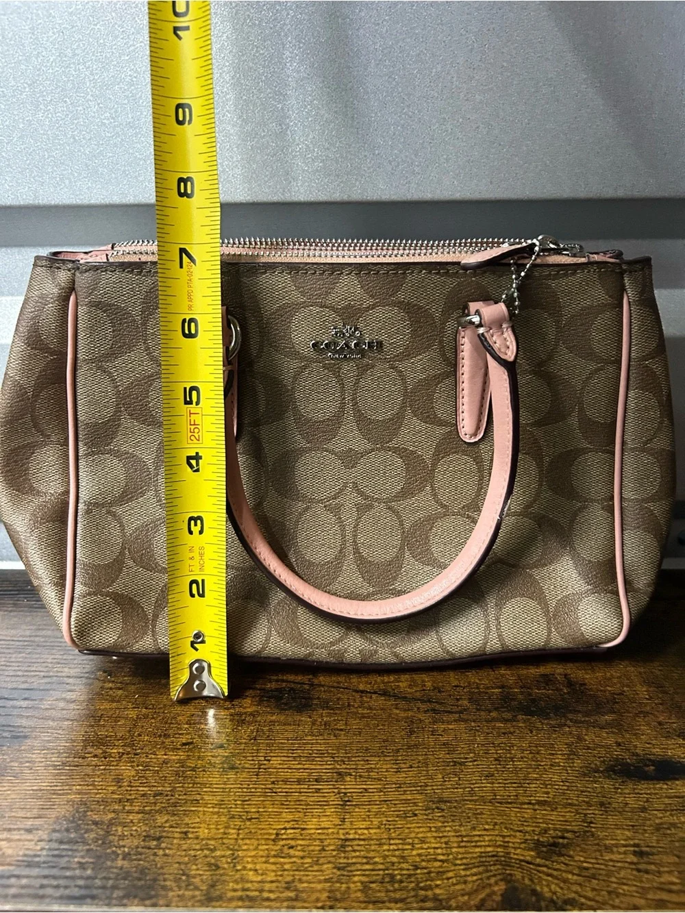 Coach Signature Logo Satchel Top Handle Zip Detachable Strap Brown Pink